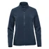 A navy softshell jacket with a full zip and high collar, featuring long sleeves and a logo on the chest.