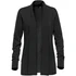 A black women's cardigan with a shawl collar and long sleeves, featuring a logo on the interior.