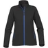 A black softshell jacket with blue accents and zippered pockets, featuring a high collar and a sleek design.