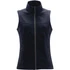A women's softshell vest in navy blue with a high collar and zippered pockets, featuring branding.