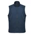 A navy blue men's vest with a zip front and a high collar, featuring a logo on the chest area.