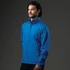 A blue rain jacket for men with a zippered front and stand-up collar, featuring a logo.