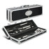 A black and silver BBQ tool set in a metal case, featuring a spatula, tongs, and a fork.