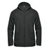 A dark green wind jacket with a hood, featuring a zip front and an attached logo.