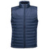 A navy blue quilted vest with a high collar and zip front, featuring a logo on the side.