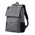 A grey backpack with a flap, featuring a front pocket and side mesh pocket, and adjustable straps.
