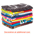 A stack of vibrant, custom sublimation beach towels in various colours, featuring different designs and patterns.