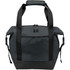 A dark green cooler bag with black handles and a zippered top, featuring a front pocket and a logo.