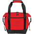 A red cooler bag with black straps features two zippered compartments and a sturdy base. It has a logo on it.