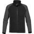 A men's microfleece jumper in black and grey with a zip-up design and a logo on the collar.