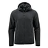 A men's full zip hoody in dark grey, featuring a hood and side pockets, with a logo on the chest.