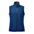 A blue women's vest with a high collar and front zip, featuring two side pockets and a logo.