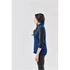 A side view of a women's navy blue vest with a high collar and a logo on the front.