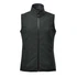 A dark green women's vest with a high collar and zippered front, featuring side pockets and a logo.