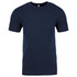 A navy blue short-sleeved cotton crew t-shirt with a round neckline, featuring a logo on the label.