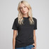 A women's crew t-shirt in charcoal grey, featuring short sleeves and a classic fit. It includes a small logo.