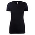 A black women's crew neck t-shirt with short sleeves and a fitted design, featuring a logo.