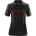 A black women's polo shirt featuring a horizontal stripe pattern in red tones and a logo on the side.