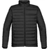 A black thermal jacket with a zip closure and a quilted design, featuring a high collar and side pockets.