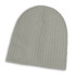 A cable knit beanie in a soft green shade, featuring a ribbed texture.