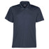 A dark navy polo shirt with a standard collar and three buttons, featuring a logo.