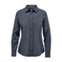 A women's button-up shirt in dark grey with a front pocket and a collar, featuring a logo.