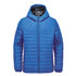 A blue quilted hoody with a zipper and a hood; features a black interior and has a logo.