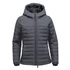 A grey women's quilted hooded jumper featuring a zip front and a logo.