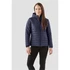 Navy blue women's quilted hoody with a front zip and hood, featuring a logo. Model stands against a neutral background.