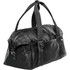 A black duffle bag with durable straps and zippered compartments, featuring a logo.