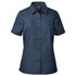 A navy blue women's button-up shirt with short sleeves and a pocket, featuring a subtle dotted pattern.