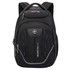 A black backpack with multiple compartments and zippers, featuring a branding logo and blue detailing.