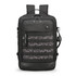 A sleek black backpack featuring multiple compartments and a textured front panel, equipped with adjustable shoulder straps.