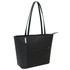 A black tote bag with long handles features a textured design and a front pocket, along with a logo.