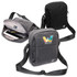 A grey shoulder bag with a logo, featuring one main compartment and an adjustable strap.