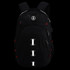 A black backpack with red accents and multiple compartments, featuring an emblem and metal loops.
