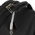 A black backpack featuring a sturdy handle and a metal zipper pull. It has branding on the exterior.