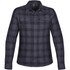 A button-up shirt in black and grey plaid with a snap front and two chest pockets. It features a logo tag.