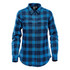 A blue plaid women's button-up shirt featuring a snap front, long sleeves, and two chest pockets.