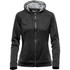 A black women's hoodie with a zip closure and a grey, patterned interior lining. It features a hood and has a logo.