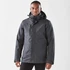 A dark grey men's jacket with a hood, featuring a zip front and an exterior pocket, displayed on a model.