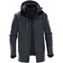 A men's jacket in dark grey with a hood, featuring multiple zippered pockets and a sleek design.
