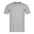 A grey fitted t-shirt with short sleeves and a label at the neckline. It has a logo on the front.