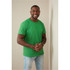 Men's heavyweight green crew neck T-shirt displayed by a smiling man, featuring a logo on the shirt.