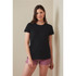 A black women's heavyweight comfort T-shirt displayed on a model, paired with pink shorts. The shirt has a simple design and a logo.