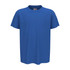 A blue organic crew neck t-shirt for kids, featuring short sleeves and a simple design. It includes a logo.
