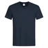 A navy blue men's classic V-neck T-shirt with short sleeves. The shirt features a label and has a simple design.