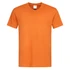 An orange V-neck T-shirt with short sleeves, featuring a label and a logo on the neckline.