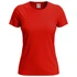 A red women's classic T-shirt with short sleeves and a plain design. It features a logo on the inside label.