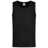A black men's classic tank top with a round neckline and a logo label on the interior.